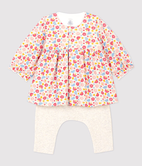 Vestido con leggings de flores de bebé de niña de lana y algodón orgánico beige MONTELIMAR/blanco MULTICO